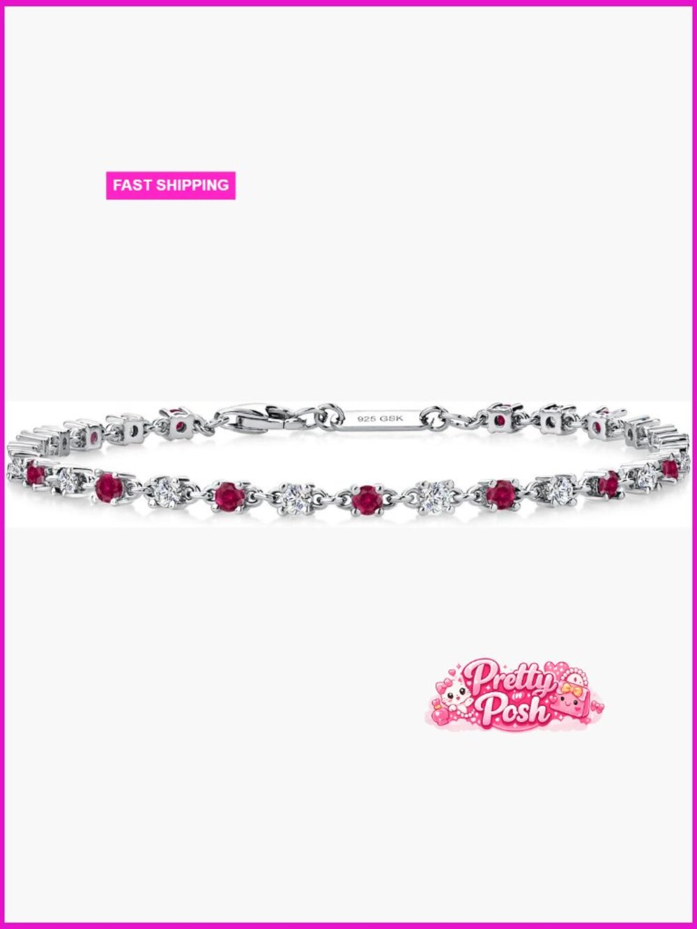 1.76 CTW Red Created Ruby White Moissanite Tennis Bracelet 925 Sterling Silver